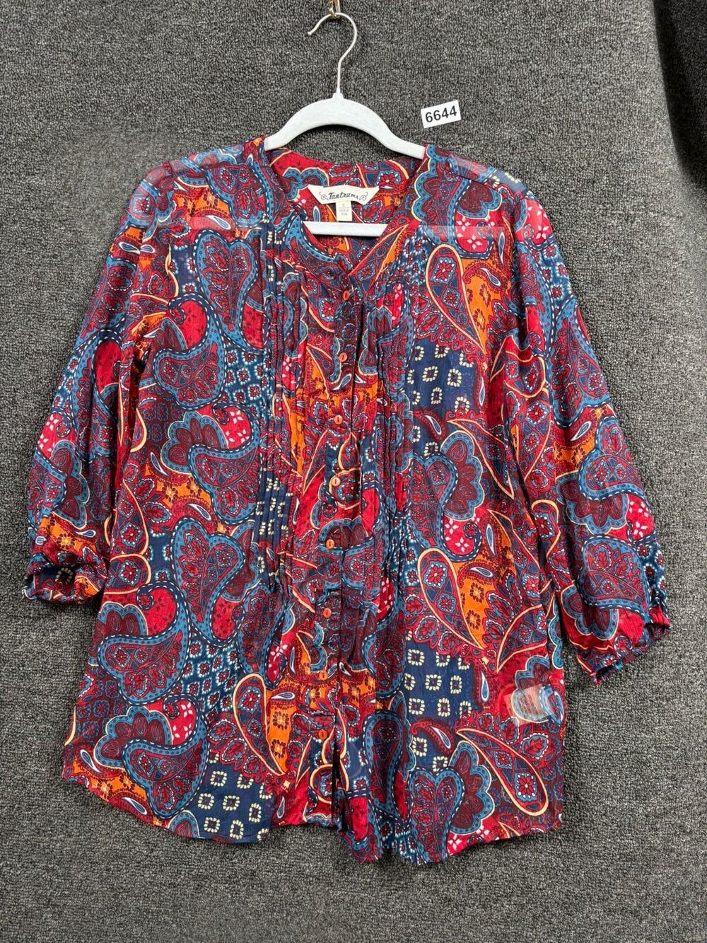 Tantrums Peasant Blouse Womens Size S Multicolor Paisley Boho Flowy 3/4 Sleeve